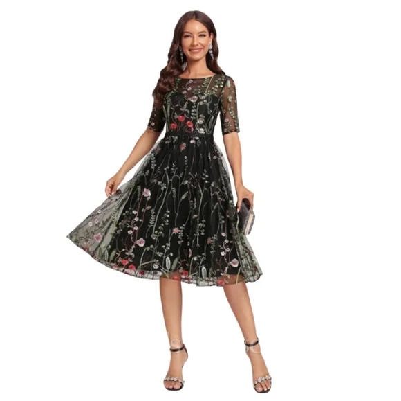 NWT JJs HOUSE Black Floral Lined Cocktail Dress Prom Wedding Party Handmade NEW - Picture 2 of 11